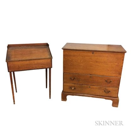 Country Pine Schoolmaster's Desk and a Two-drawer Blanket Chest