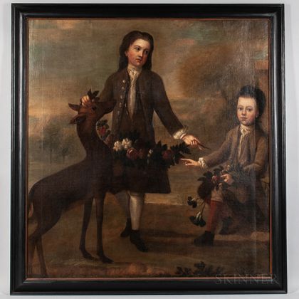 British School, 18th Century Portrait of Two Boys and a Fawn