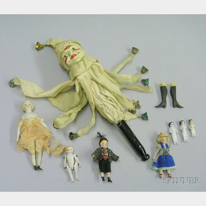 Group of Small Bisque and Cloth Dolls and a Marotte