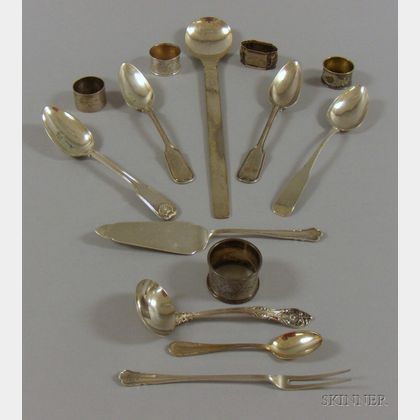 Five Silver Napkin Rings and Eight Silver Flatware Items