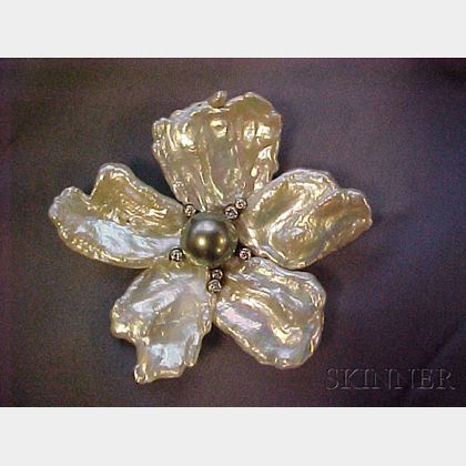 18kt Gold, Baroque Pearl, Tahitian Pearl, and Diamond Flower Brooch, Kai-Yin Lo