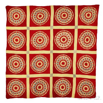 "Mariner's Compass" Variant Yellow and Red Patchwork Quilt