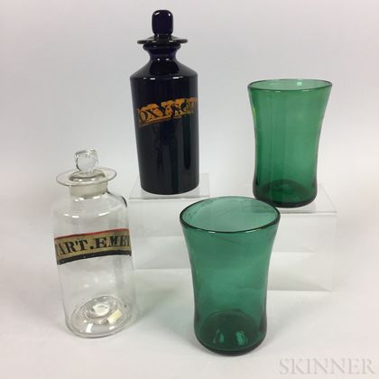 Two Apothecary Jars and Two Green Tumblers