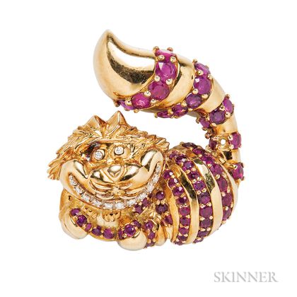 18kt Gold, Ruby, and Diamond "Cheshire Cat" Brooch, Disney