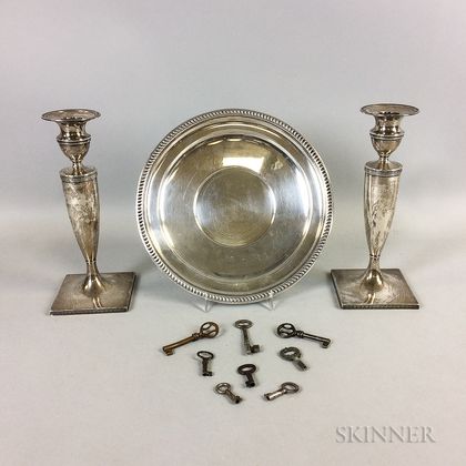 Sterling Silver Plate and a Pair of Gorham Sterling Silver Weighted Candlesticks