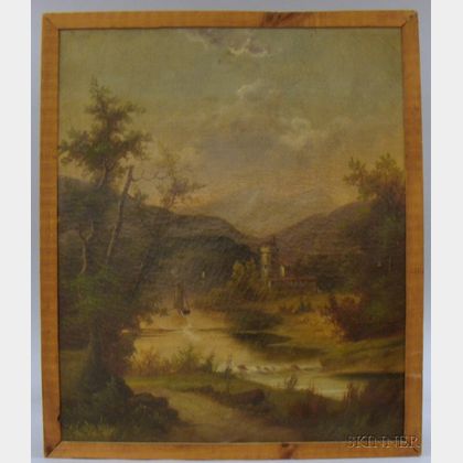 Framed 19th Century Continental School Oil on Canvas River Landscape with Sailboat