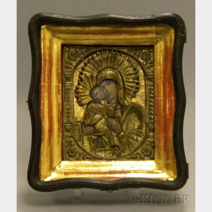 Box Framed Russian Painted Madonna and Child Icon with Brass Riza