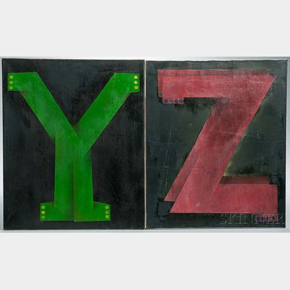 American School, Late 20th Century Y and Z Each signed Hogg 85 on the reverse. Oil on canvas, the green Y and t... 
