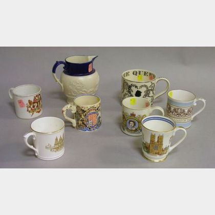 Seven Assorted Commemorative British Monarchy Ceramic Mugs and a Salt Glazed Pitcher