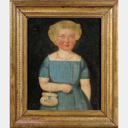American School, 19th Century Portrait of a Girl with Hazel Eyes Wearing a Blue Dress and Coral Necklace.