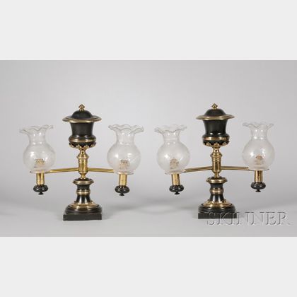 Pair of Empire Part-ebonized Brass Argand Table Lamps with Etched Glass Shades