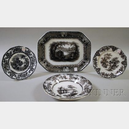 Three Staffordshire Mulberry Transfer-decorated Ironstone Plates and a Platter