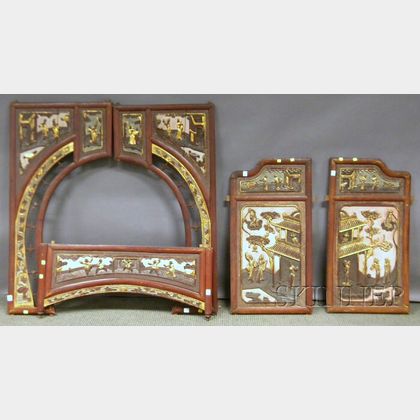 Five Chinese Partial-gilt and Painted Carved Wood Architectural Panels