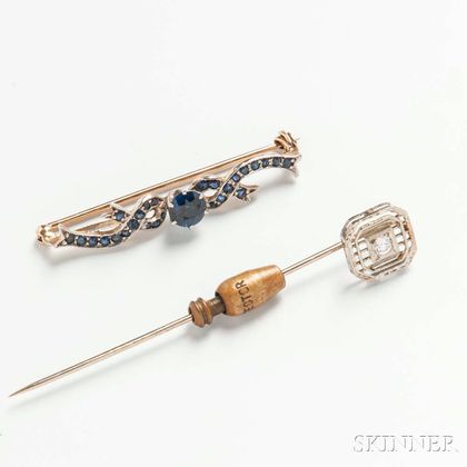 Art Deco Platinum and Diamond Stickpin and 14kt Gold and Sapphire Brooch