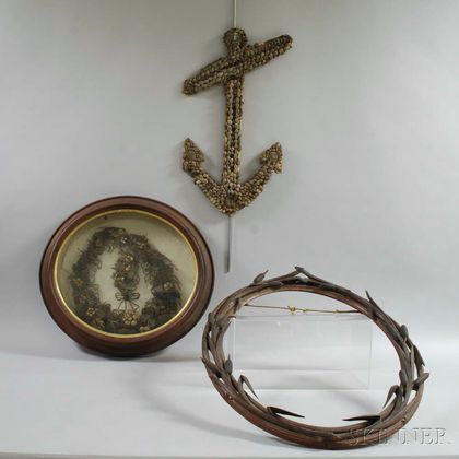 Shell Anchor Plaque, a Cattail-carved Oval Frame, and a Victorian Hair Wreath. Estimate $150-250