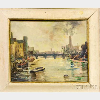 Attributed to Helen Pierson (American, d. 1998) City Waterway and Bridge