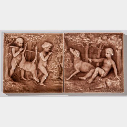American Encaustic Tile Co. Two-part Art Pottery Tile Panel of Putti Hunting 