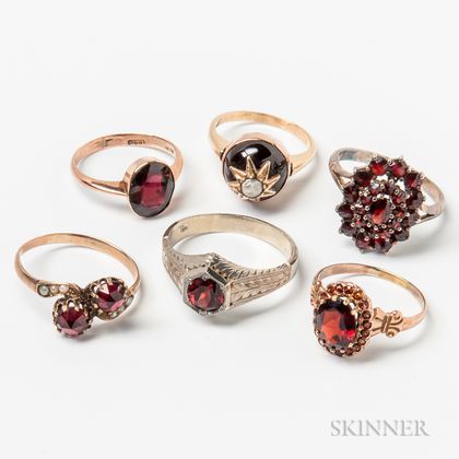 Five Gold and Garnet Rings
