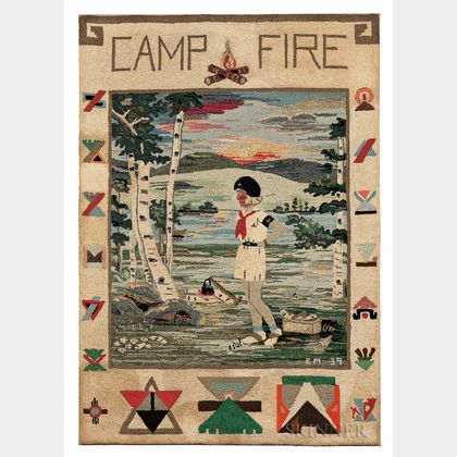 "Camp Fire" Pictorial Hooked Rug