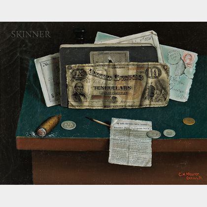 Charles Alfred Meurer (American, 1865-1955) Trompe l'Oeil Still Life with Currency, Newspaper Clipping, and Lit Cigar