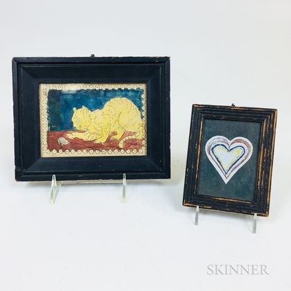 Two Small Framed Watercolor Pictures of a Cat and a Heart
