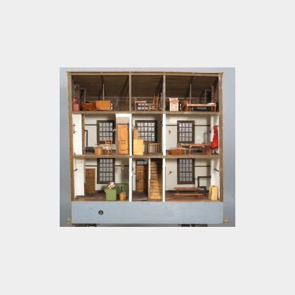 Shaker Style Wooden Doll House with Miniature Shaker Furnishings