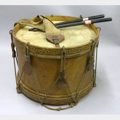 Paint Decorated Maple and Rope Drum with a Pair of Ebonized Drumsticks