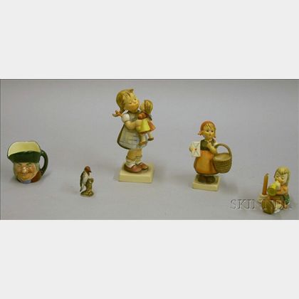 Three Hummel Ceramic Figures, a Royal Doulton Toby Philpotts Character Jug, and a Miniature Porcelain Woodpecke... 