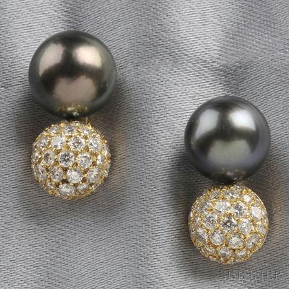 18kt Gold, Tahitian Pearl, and Diamond Earrings