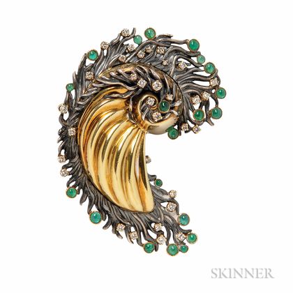 Blackened Silver, 18kt Gold, Emerald, and Diamond Brooch, Attributed to Marilyn Cooperman