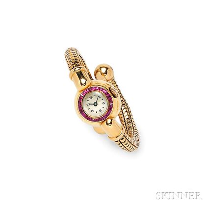 Retro 18kt Gold and Ruby Wristwatch