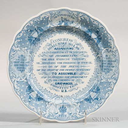 Transfer-decorated Historical Blue Staffordshire Anti-Slavery/Constitution Plate