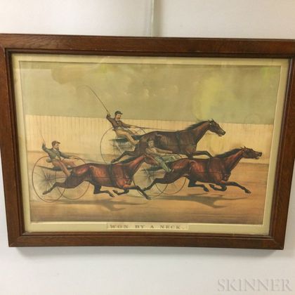 Framed Currier & Ives Lithograph Won By A Neck 