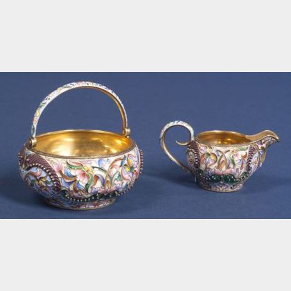 Russian Gold-washed Silver Enamel Creamer and Sugar