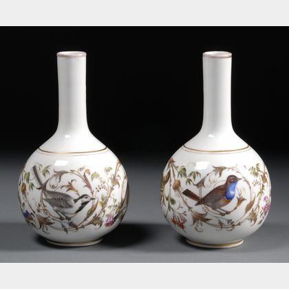 Pair of Dresden Porcelain Ornithological Bottle Vases