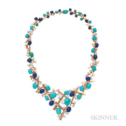 18kt Gold, Turquoise, Lapis, and Diamond Necklace, Marianne Ostier