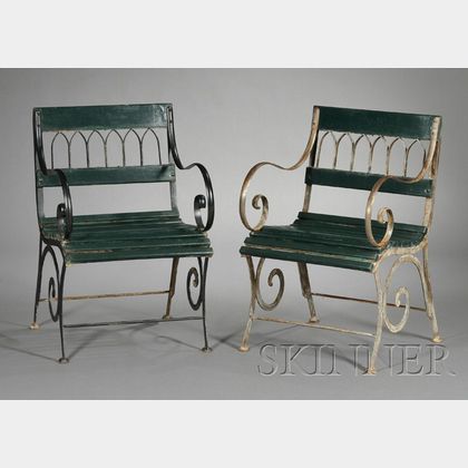 Pair of Metal and Painted Wood Garden Armchairs