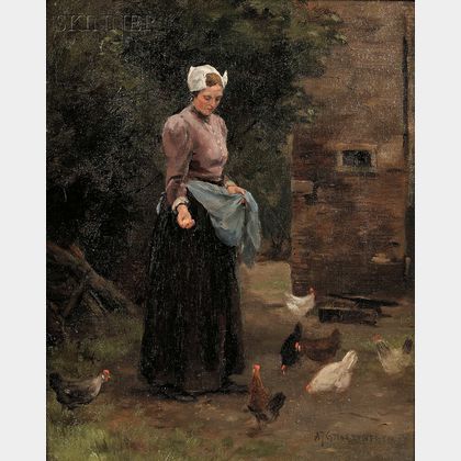 Adrianus Johannes Groenewegen (Dutch, 1874-1963) Feeding the Chickens