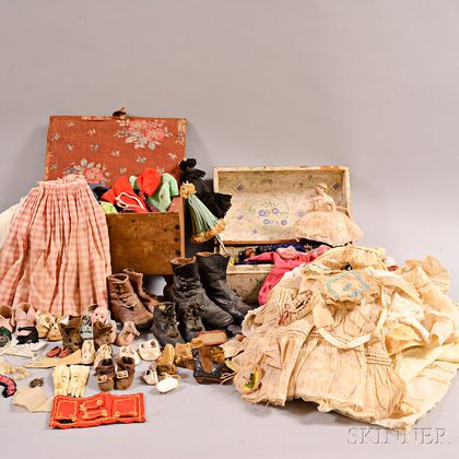 Two Doll Clothing Trunks and a Large Group of Assorted Doll Clothes and Accessories. Estimate $100-150
