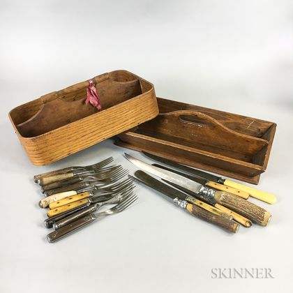 Two Oak Cutlery Trays and Sixteen Pieces of Cutlery. Estimate $150-250