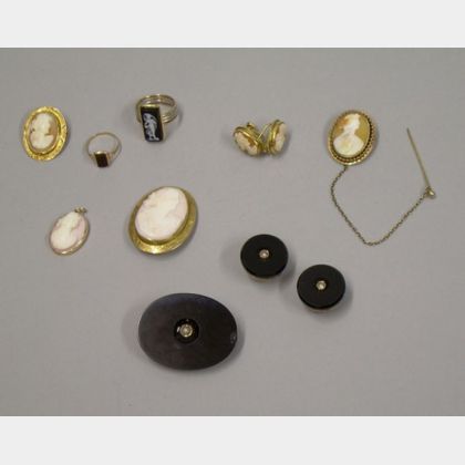 Six Pieces of Victorian Cameo Jewelry, a 14kt Gold Intaglio Ring, and an Onyx Brooch and Cuff Buttons Suite. 