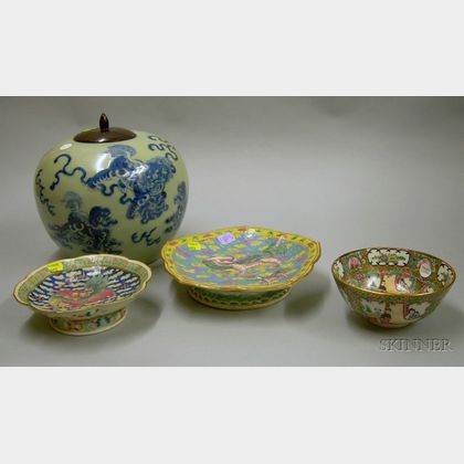 Chinese Export Blue and White Porcelain Ginger Jar, a Bowl, and Two Footed Dishes. 