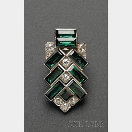 Art Deco Platinum, Tourmaline, and Diamond Clip, Cartier
