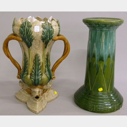 Majolica Glazed Ceramic Snake-form Two-handled Vase with Dolphin Figural Base and a Glazed Art Pottery Pedestal