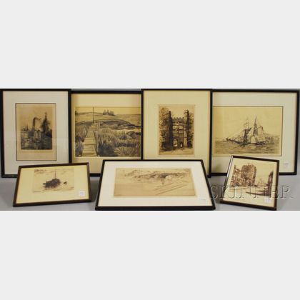 Seven Framed Landscape Works on Paper: Henry Rayner (British, 1902-57),Chelsea Old Church
