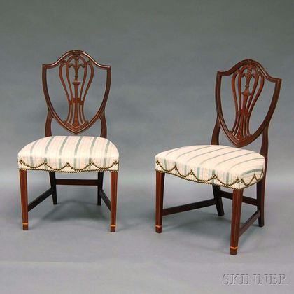 Pair of Federal Upholstered Carved and Inlaid Mahogany Shield-back Side Chairs