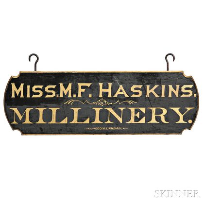 Black-painted and Gilt-lettered "MISS M.F. HASKINS MILLINERY" Trade Sign