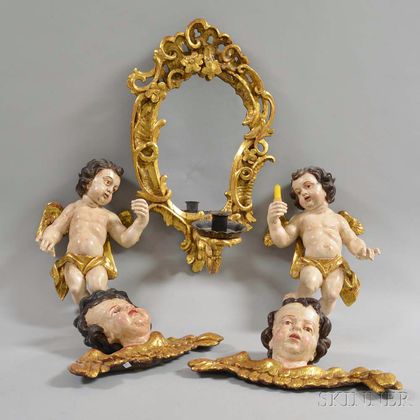 Italian Rococo Giltwood Mirrored Sconce and Four Putto Ornaments