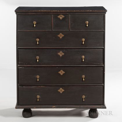 Black-painted Ball-foot Chest over Drawers
