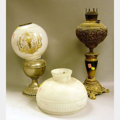 Victorian Cast Metal Banquet Kerosene Lamp and a Bradley & Hubbard Nickeled Kerosene Table Lamp